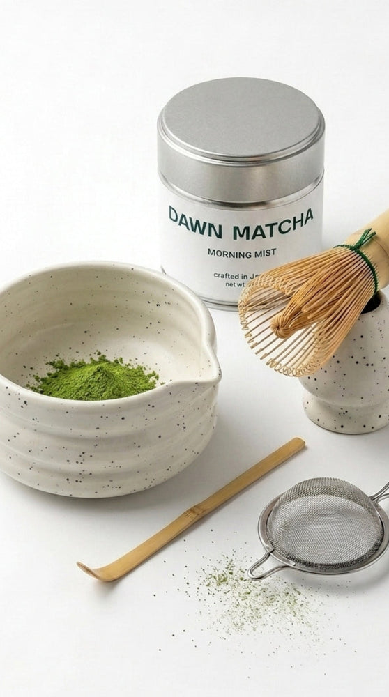 Matcha tea set with bowl, whisk, and container on a white background