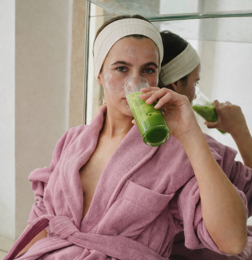 Woman in a pink robe drinking matcha in front of a mirror.
